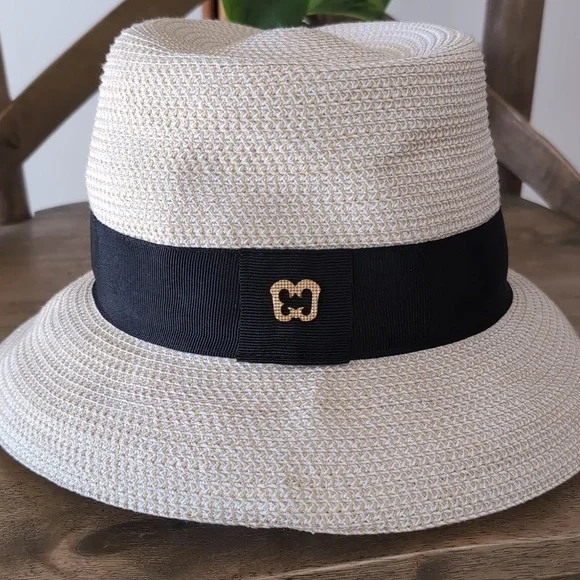 Eric Javits Classic Squishee Straw Packable Fedora Sun Hat Cream/Black - Picture 6 of 11